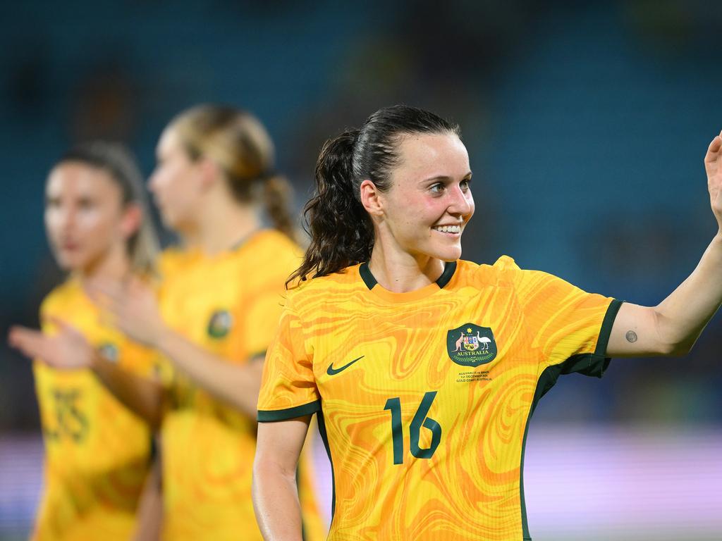 Hayley Raso is all smiles after scoring for the Matildas against Brazil. Picture: Matt Roberts/Getty Images