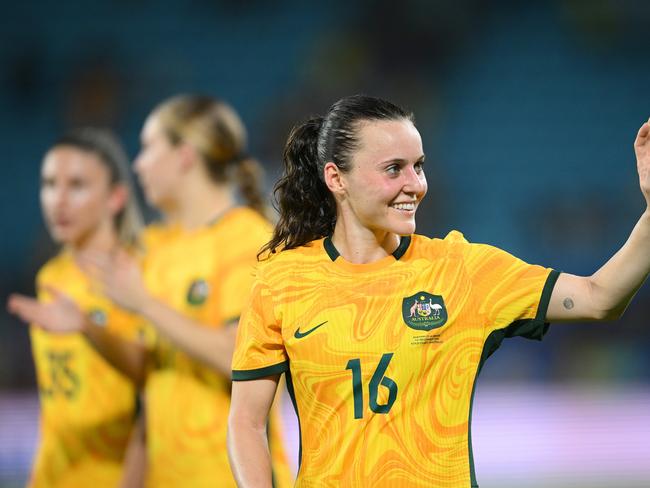 Hayley Raso is all smiles after scoring for the Matildas against Brazil. Picture: Matt Roberts/Getty Images