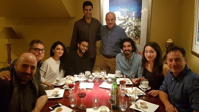 Hollywood star Dev Patel with other members of the cast of movie Hotel Mumbai at the Jasmin Indian Restaurant in Hindmarsh Square.