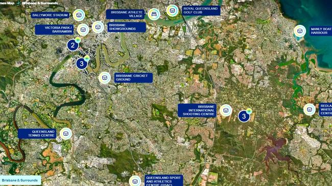 A map showing some of the 22 venues earmarked for Brisbane. Picture Q2032