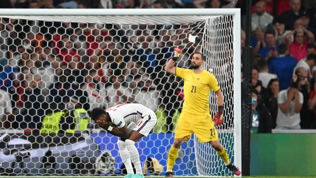 A dejected Marcus Rashford hit the post in England’s penalty shootout loss to Italy. Picture: Getty