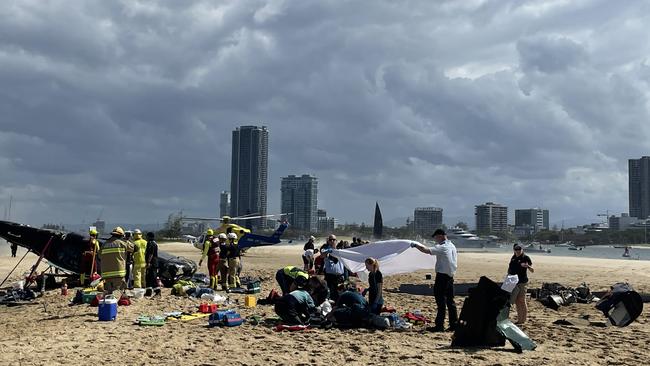 The emergency scene after two Sea World helicopters collided.