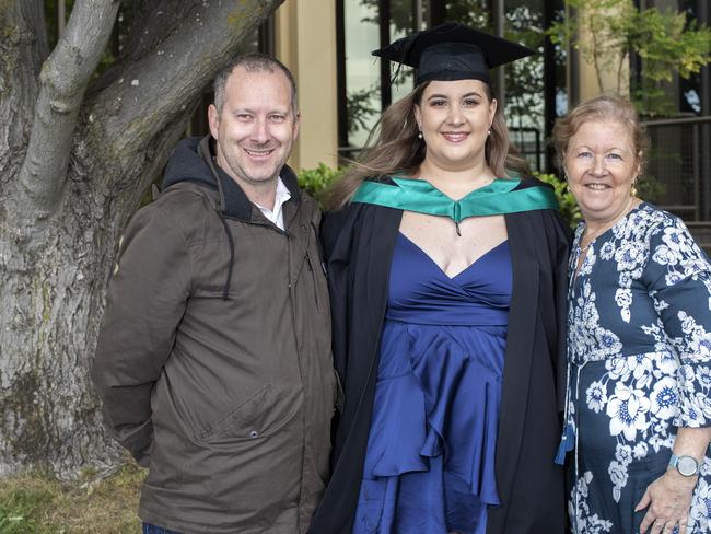Jordan Wilson, Tara Tanovic and Sue Tanovic at the UTAS Graduation at Launceston. PICTURE CHRIS KIDD