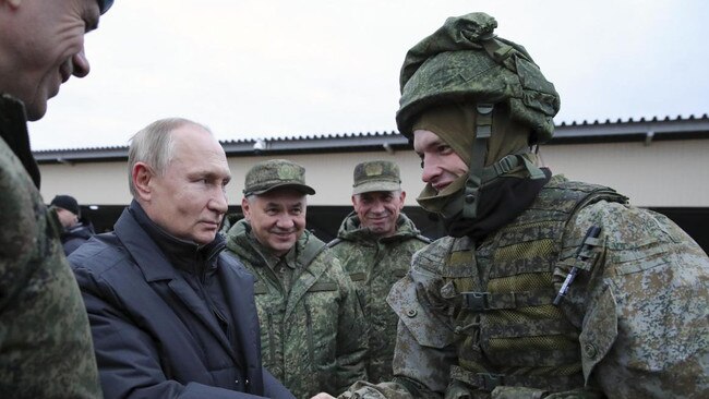 Putin meeting soldiers at a training centre in the Ryazan region last month. Picture: Mikhail Klimentyev, Sputnik, Kremlin Pool photo via AP/The Times