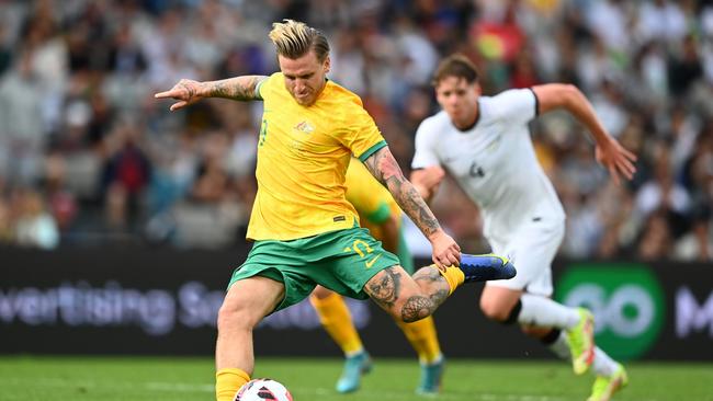 Cummings scored a penalty on his debut for Australia in the 2-0 win over New Zealand in September. (Photo by Hannah Peters/Getty Images)