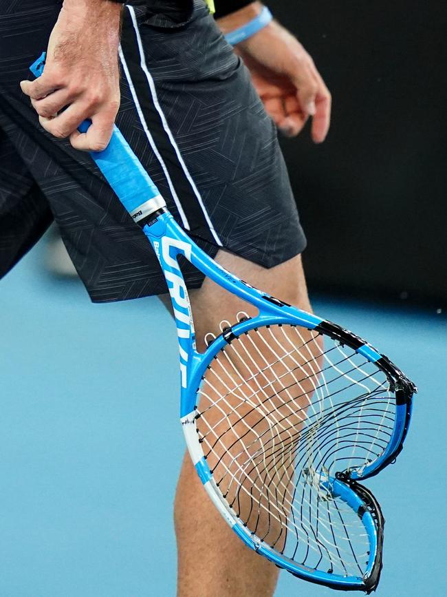 Thompson’s racquet. Picture: AAP/Scott Barbour