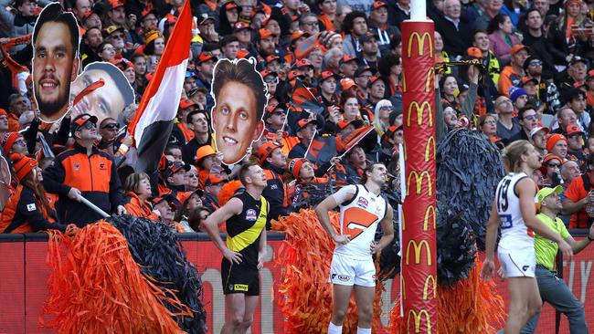 RichmondÕs Jack Riewoldt and Giants Phil Davis watch Tigers goal sail through during the AFL Grand Final between the GWS Giants and Richmond Tigers at the MCG on September 28, 2019 in Melbourne. Picture. Phil Hillyard