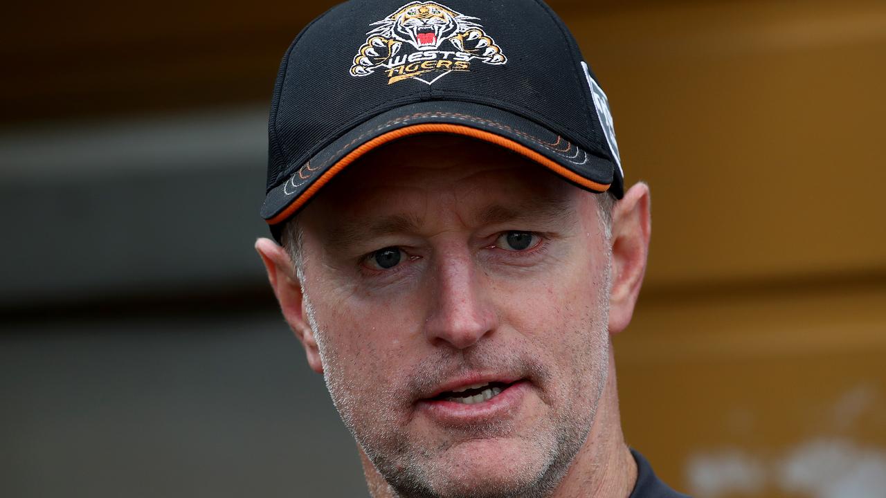 Wests Tigers coach Michael Maguire speaks to the media outside Leichardt Oval ahead of their clash with Brisbane on Friday. Picture: Toby Zerna