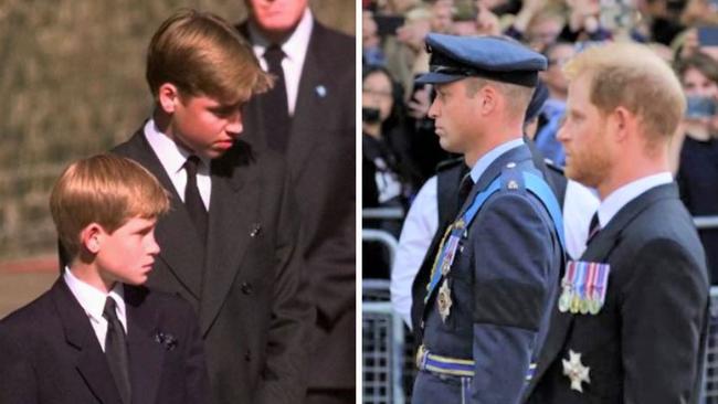 Prince William and Harry in 1997 at the funeral of Diana, Princess of Wales (left) and in 2022 (right) at the procession for the Queen.