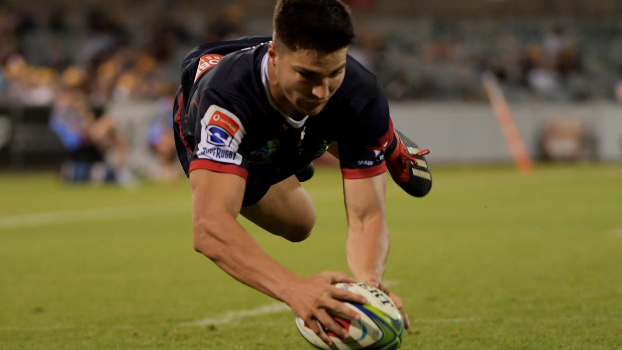 Jack Maddocks of the Rebels scores a try at GIO Stadium.