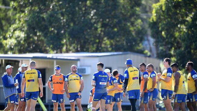 The Eels, including Mitchell Moses and Tim Mannah, train at the Old Saleyards Reserve at North Parramatta in 2019.