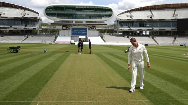 Steve Smith inspects the pitch ahead of the Lord’s Test. (Photo by Ryan Pierse/Getty Images)