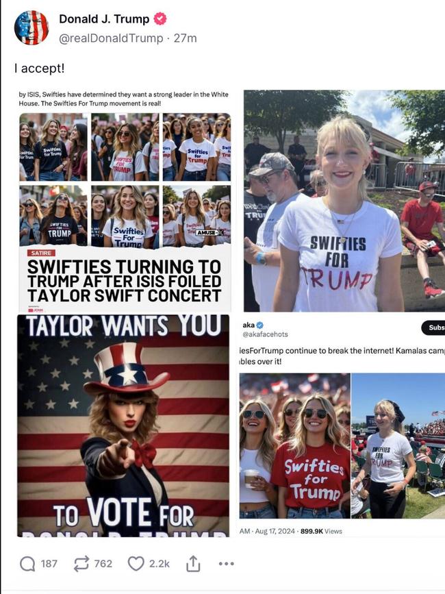 Pop superstar Taylor Swift has hit back at claims she endorses Donald Trump for 2024 election after he shared AI generated images claiming the singer supports him.