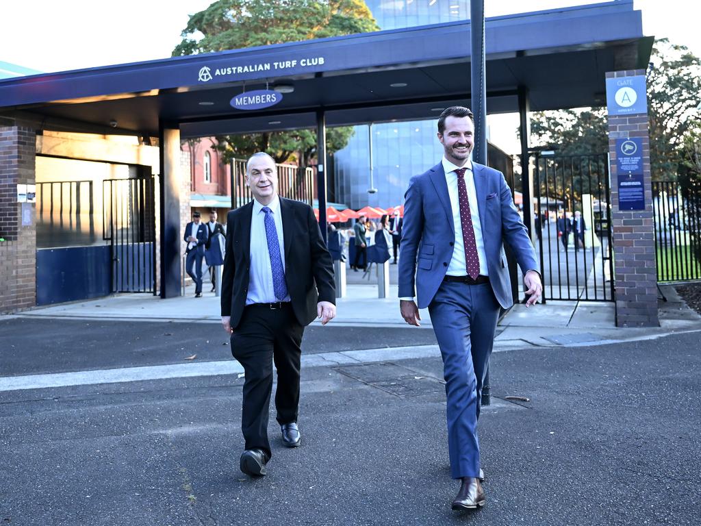 Peter V'landys leaves Randwick races for Allianz Stadium with Racing NSW chief operating officer Graeme Hinton. Picture: Grant Trouville