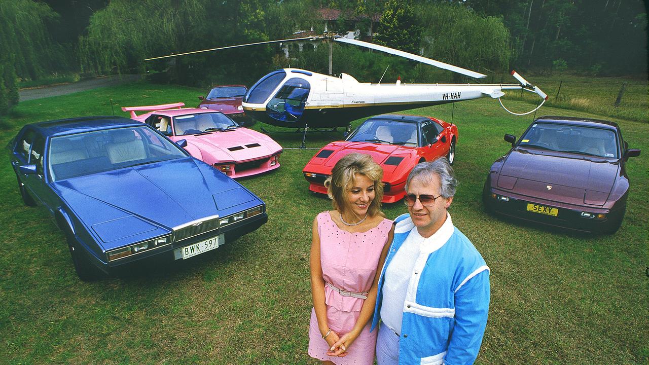 Dr Geoffrey and Leanne Edelsten with their transport fleet, Sydney, 1986. Picture: Rob Walls