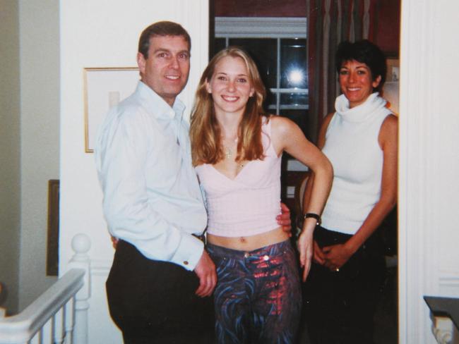 Prince Andrew smiling as he stands with his left arm around the waist of a young Virginia Roberts-Giuffre. Ghislaine Maxwell stands behind. Picture: Backgrid