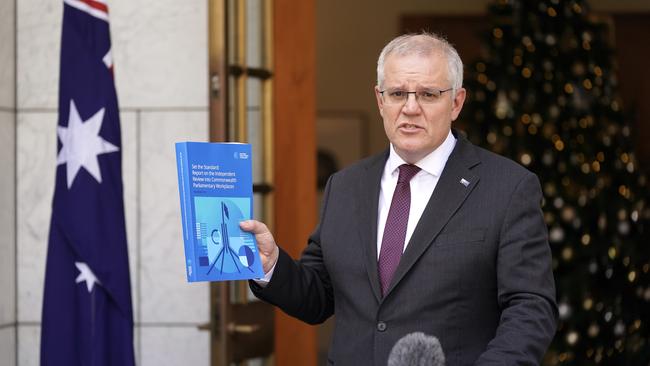 Prime Minister Scott Morrison after the Jenkins Review into sexual discrimination of parliament workplace was handed down by sex discrimination commissioner Kate Jenkins. Picture: Adam Taylor