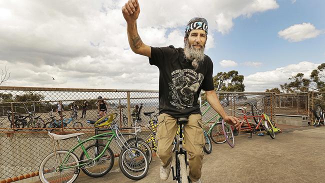 Mad bikDamon Fox, of Psychles, among some of his left-of-centre creations. Picture: MATHEW FARRELL