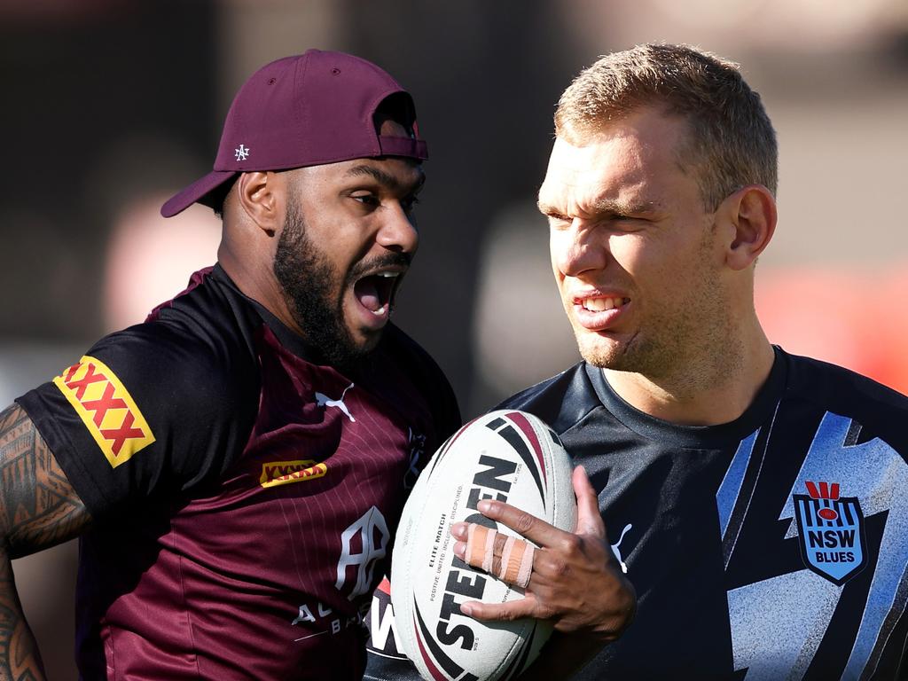 (L-R) Hamiso Tabuai-Fidow of Queensland and Tom Trbojevic of NSW.
