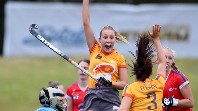 Ruby Harris of the Blaze celebrates a goal. Picture: Kelly Barnes