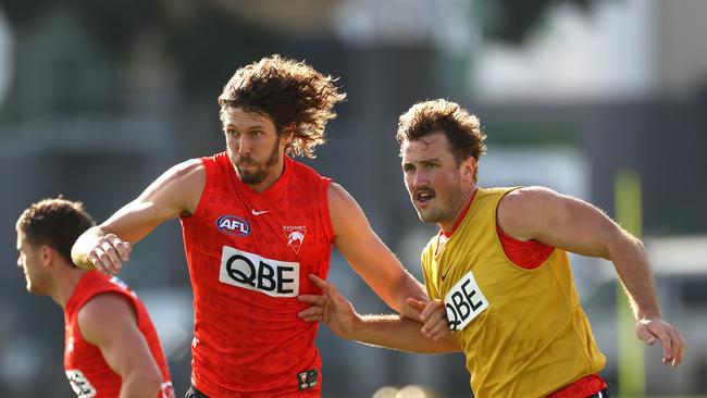 Ruckman Tom Hickey (left), pictured with Will Gould, is a chance to return for Sydney on Saturday night. Phil Hillyard