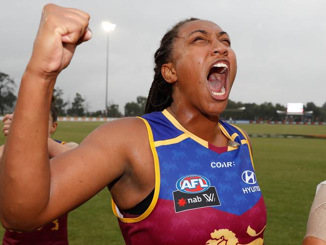 MELBOURNE, AUSTRALIA - FEBRUARY 5: Sabrina Frederick-Traub of the Lions celebrates during the 2017 AFLW Round 01 match between the Melbourne Demons and the Brisbane Lions at Casey Fields on February 5, 2017 in Melbourne, Australia. (Photo by Michael Willson/AFL Media/Getty Images)