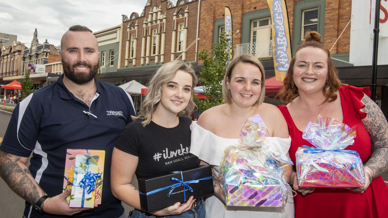 (from left) Sam Schmidt, Natalie Bonell, Katie Rankin and Rebecca Mortlock from Hair Room on Russell. Russell Street Refresh block party. Saturday, November 20, 2021. Picture: Nev Madsen.