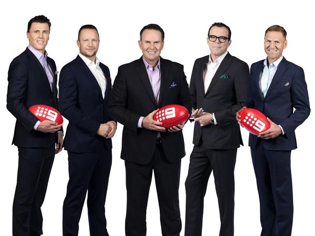 Matthew Lloyd, Nathan Brown, Tony Jones, Damian Barrett and Kane Cornes of the Sunday Footy Show. Picture: Channel 9