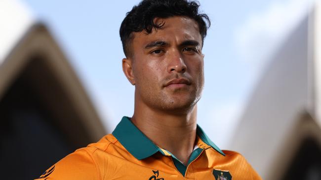 SYDNEY, AUSTRALIA - OCTOBER 29: Joseph-Aukuso Suaalii poses during the Wallabies jersey launch for the 2025 British & Irish Lions Tour at The Royal Botanic Gardens on October 29, 2024 in Sydney, Australia. (Photo by Jason McCawley/Getty Images)