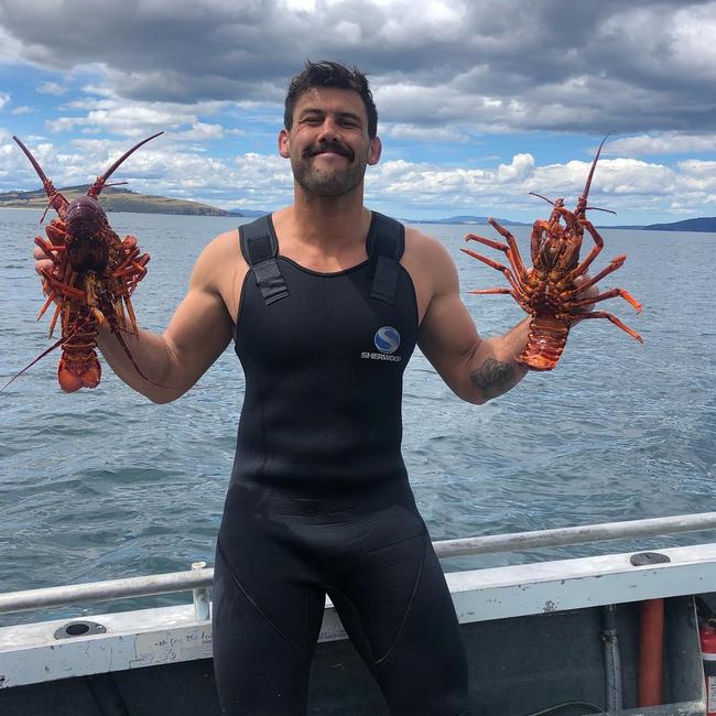 Rob Wilkinson's first time diving for crays near Tasmania's Betsey Island. Picture: Razor Rob Wilkinson on Instagram