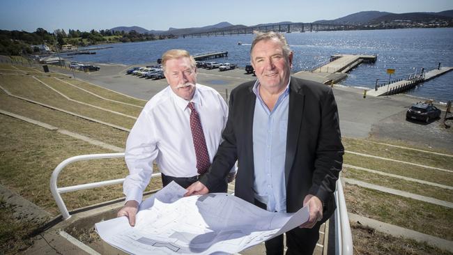 $2.3 billion precinct-scale urban renewal project, including roofed AFL stadium, for Hobart. Stakeholder relations Paul Lennon and Managing Director of Stadia Precinct Consortia Dean Coleman at Macquarie Point. Picture: Chris Kidd