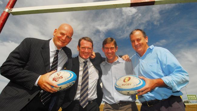 Launch of the 48 / 10 Club at Qld Reds Offices at Ballymore : 1979 Qld vs NSW at Ballymore player's (L-R) Tony Shaw , Brendan Moon , Roger Gould and Bill Ross :