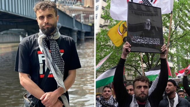 Pro-Hezbollah protester Yousef Tiba, left, and carrying an image of Hassan Nasrallah on Sunday.