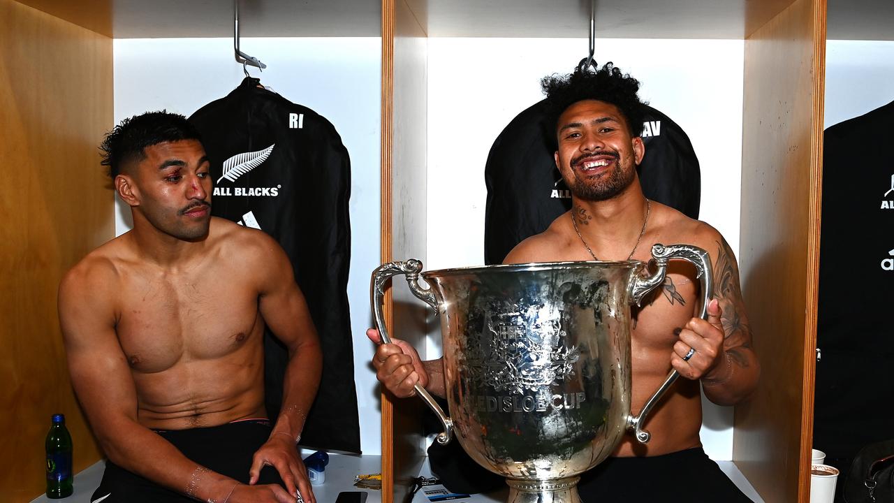 The All Blacks celebrate their Bledisloe Cup victory – though the Perth series finale has been scrapped.