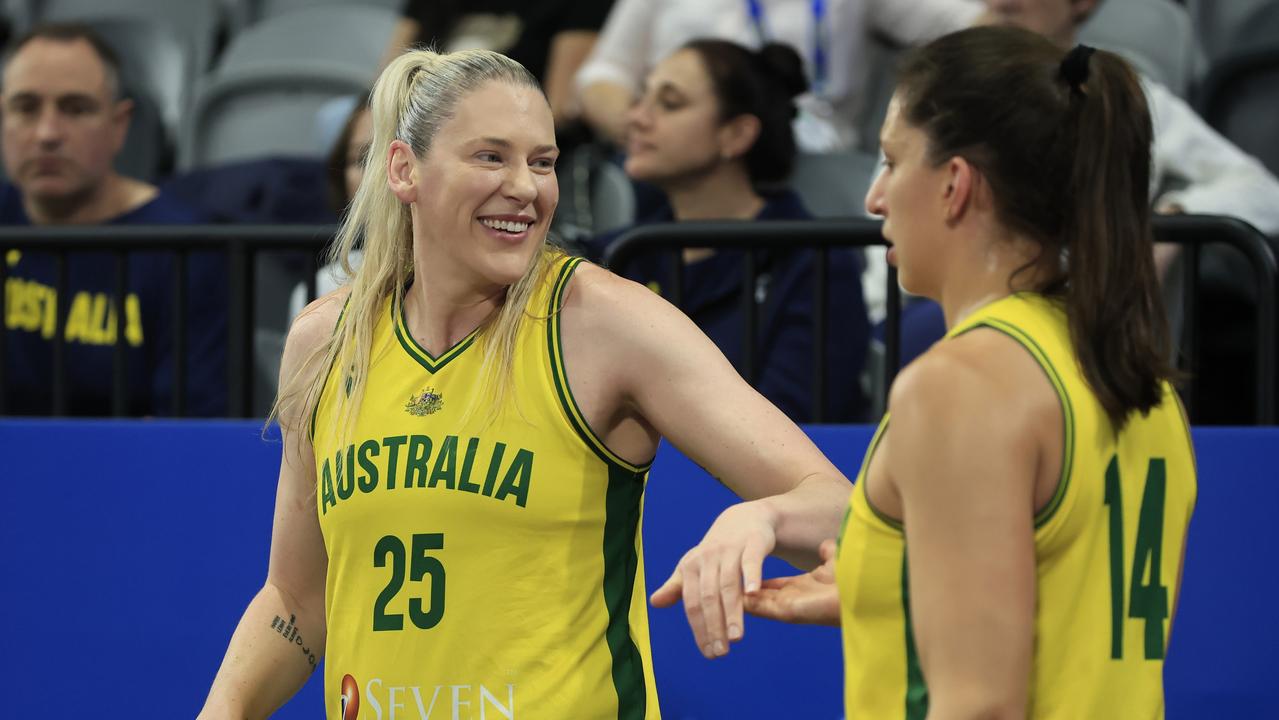 Lauren Jackson of Australia with Marianna Tolo of Australia before the 2022 FIBA Women's Basketball World Cup Test Event match. (Photo by Mark Evans/Getty Images)