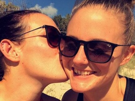 Megan Schutt, left, with fiancee Jess Holyoake. Picture: Instagram