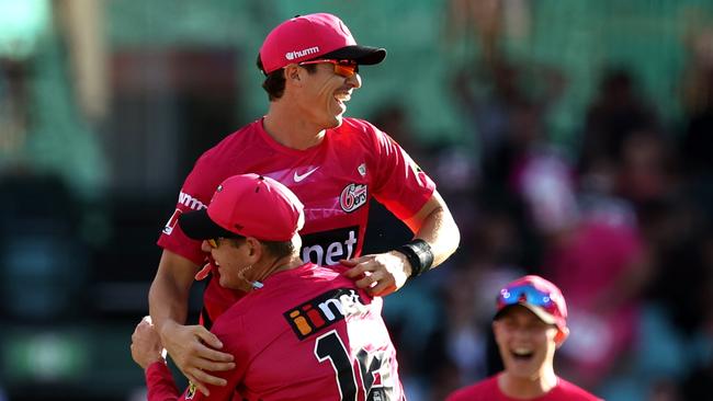 Abbott’s teammates flocked to him after the incredible effort. Picture: Getty Images