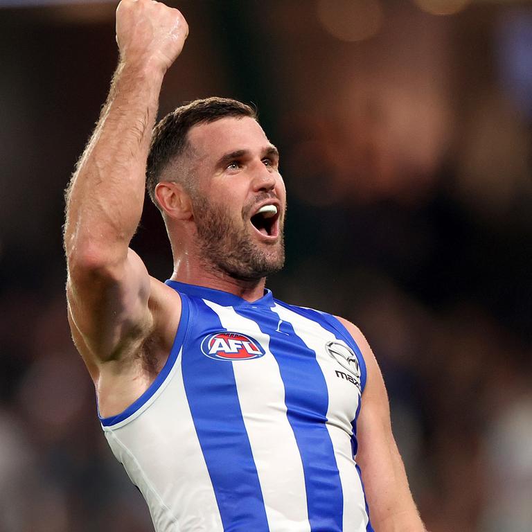 Jack Darling celebrates his first goal for North Melbourne against the Western Bulldogs on Saturday night. Picture: Kelly Defina / Getty Images