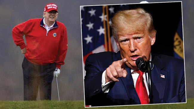 Donald Trump on the golf course, left, and at during his time as 45th president, right. Pictures: AFP