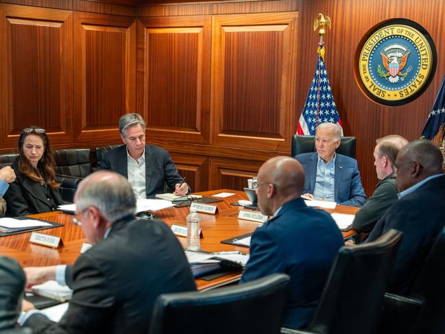 US President Joe Biden meeting with members of the National Security team regarding the missile attacks on Israel from Iran, in the White House Situation Room. Picture: Adam Schultz / White House / AFP