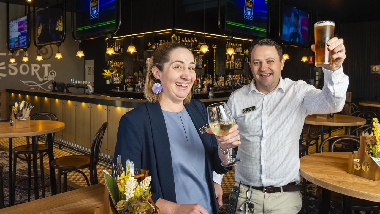 Blue Mountain Hotel function manager Tracey Gillam and venue manager Andy Hinton toast the completion of stage one of the renovations at the historic hotel in 2022. Picture: Kevin Farmer