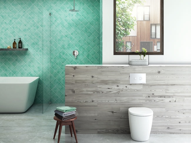 Colour adds depth to this bathroom from Reece, which conceals a cistern in the wall.