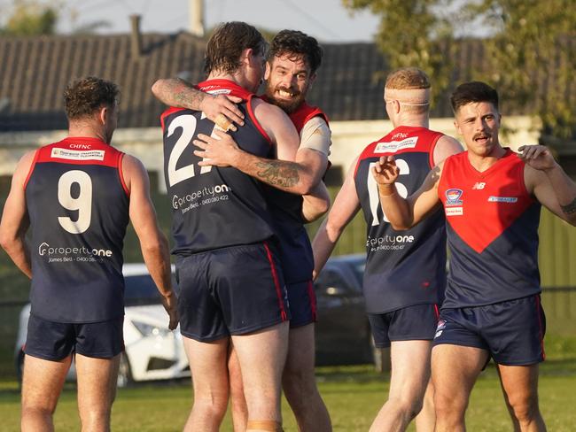 SFNL: Chelsea Heights v Mordialloc at Beazley Reserve. Chelsea players celebrate a goal.. Picture: Valeriu Campan