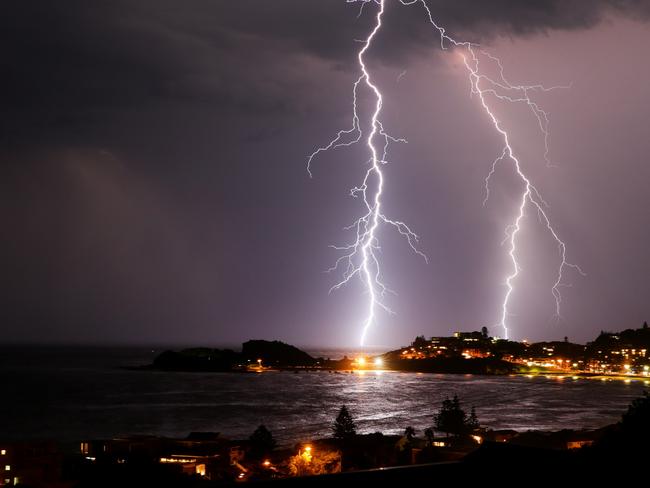 Lightning strikes Terrigal Haven. Picture: Peter Clark