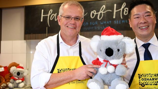 Scott Morrison earlier this month packed a Christmas hamper to be donated by the charity Hands of Hope. Picture: Dan Peled