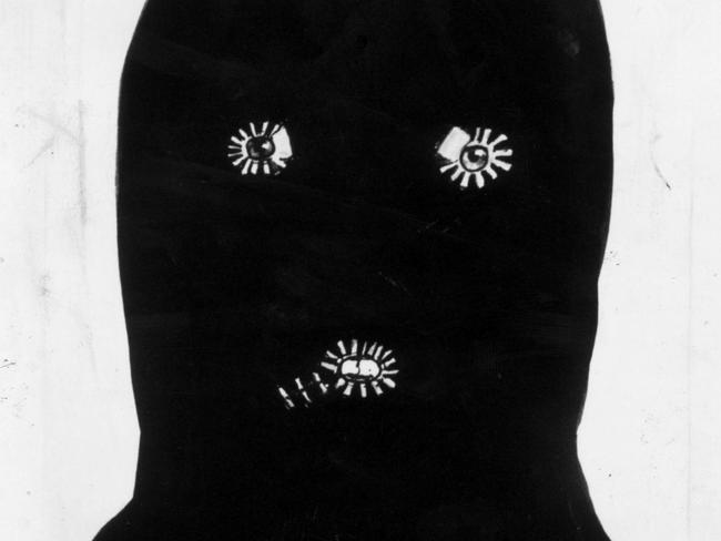 Mr Cruel. Police sketch of the dark green balaclava used by the kidnapper of Nicola Lynas. Picture: Photo File