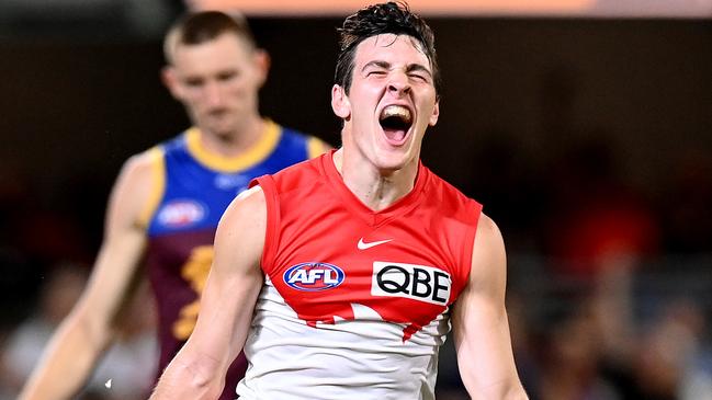 Errol Gulden celebrates one of his Round 1 goals. Picture: Getty Images