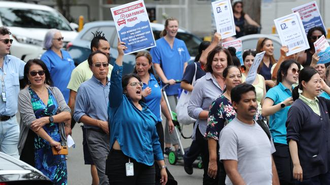 Concord hospital workers on a strike in 2024, this time over car parking. Picture by Max Mason-Hubers