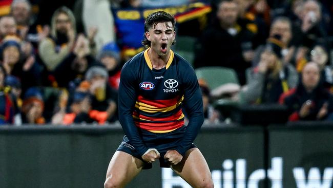 Josh Rachele of the Crows celebrates a goal. Picture: Mark Brake/Getty Images