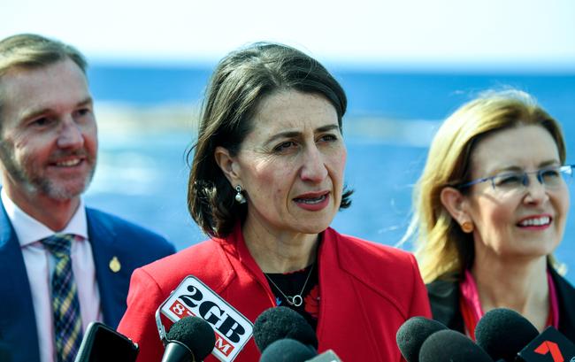 NSW Premier Gladys Berejiklian with Environment Minister Gabrielle Upton, Primary Industries Minister Niall Blair and member for Coogee Bruce Notley-Smith, are seeking community views on the marine park proposal including 25 sites between Newcastle and Wollongong. Picture: AAP Image/Brendan Esposito